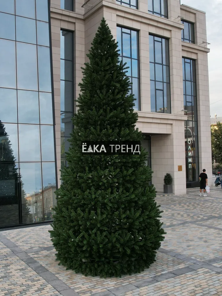 Каркасная ель в сборе на городской площадке: хвоя закрывает конструкцию от макушки до самой земли
